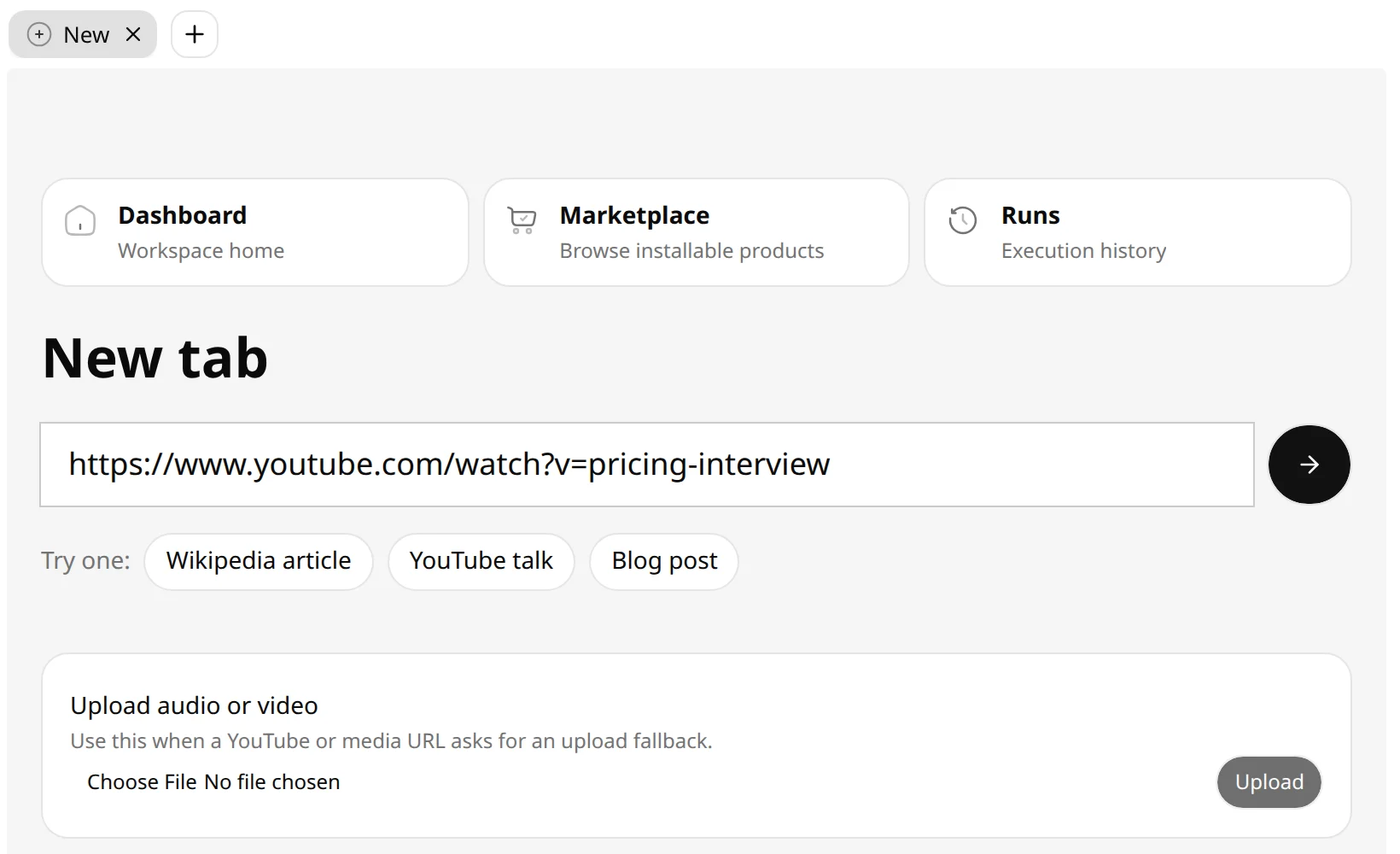 The Xevol new-tab screen with a YouTube link pasted into the address field.