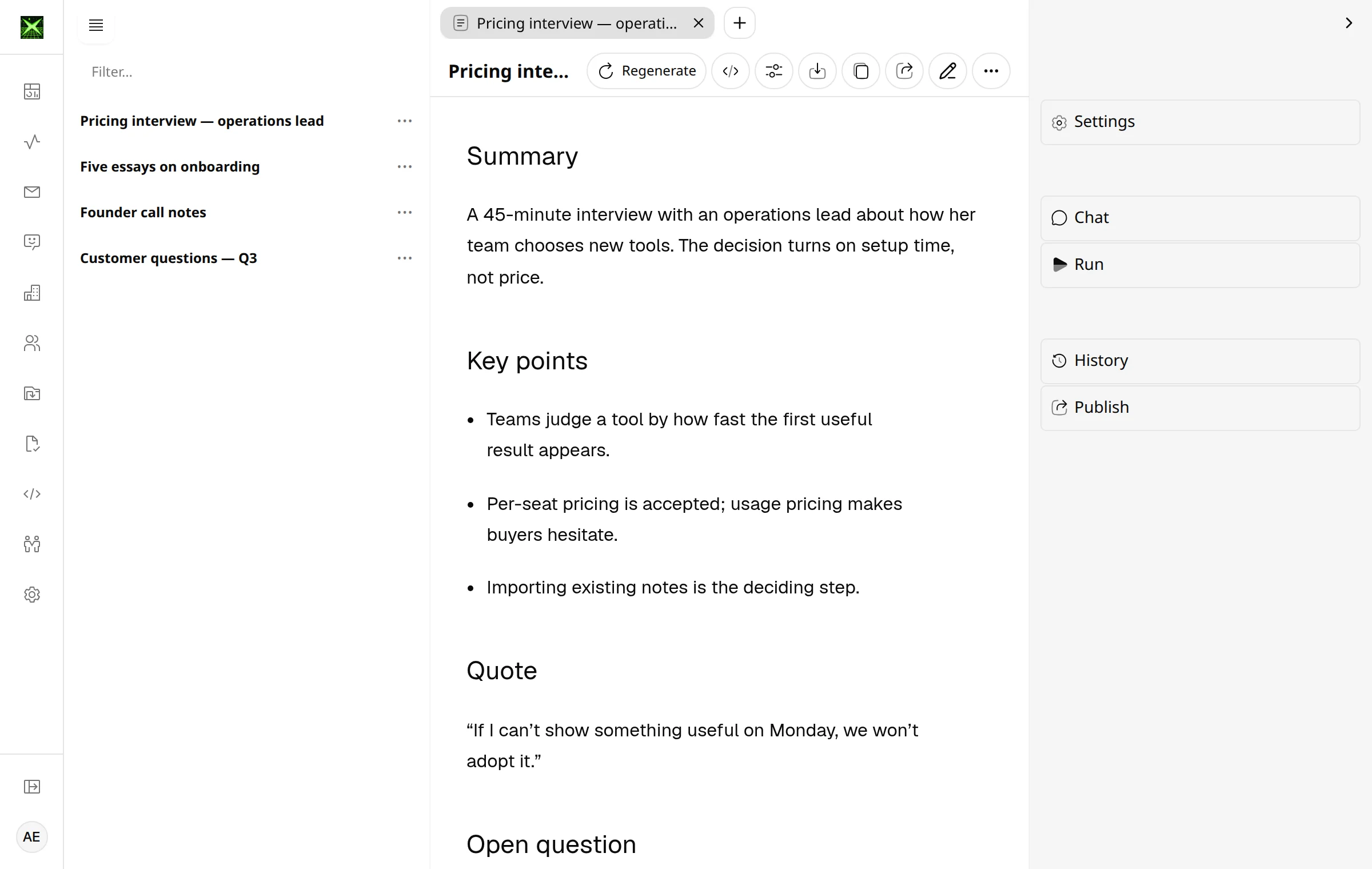 A saved 45-minute interview in Xevol, turned into a summary with key points, a quote, and an open question.